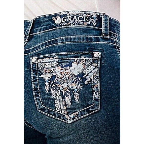 Grace in LA Denim - Grace in LA Women's Aztec Steer Cow Head Embroidered Bootcut Stretch Jeans